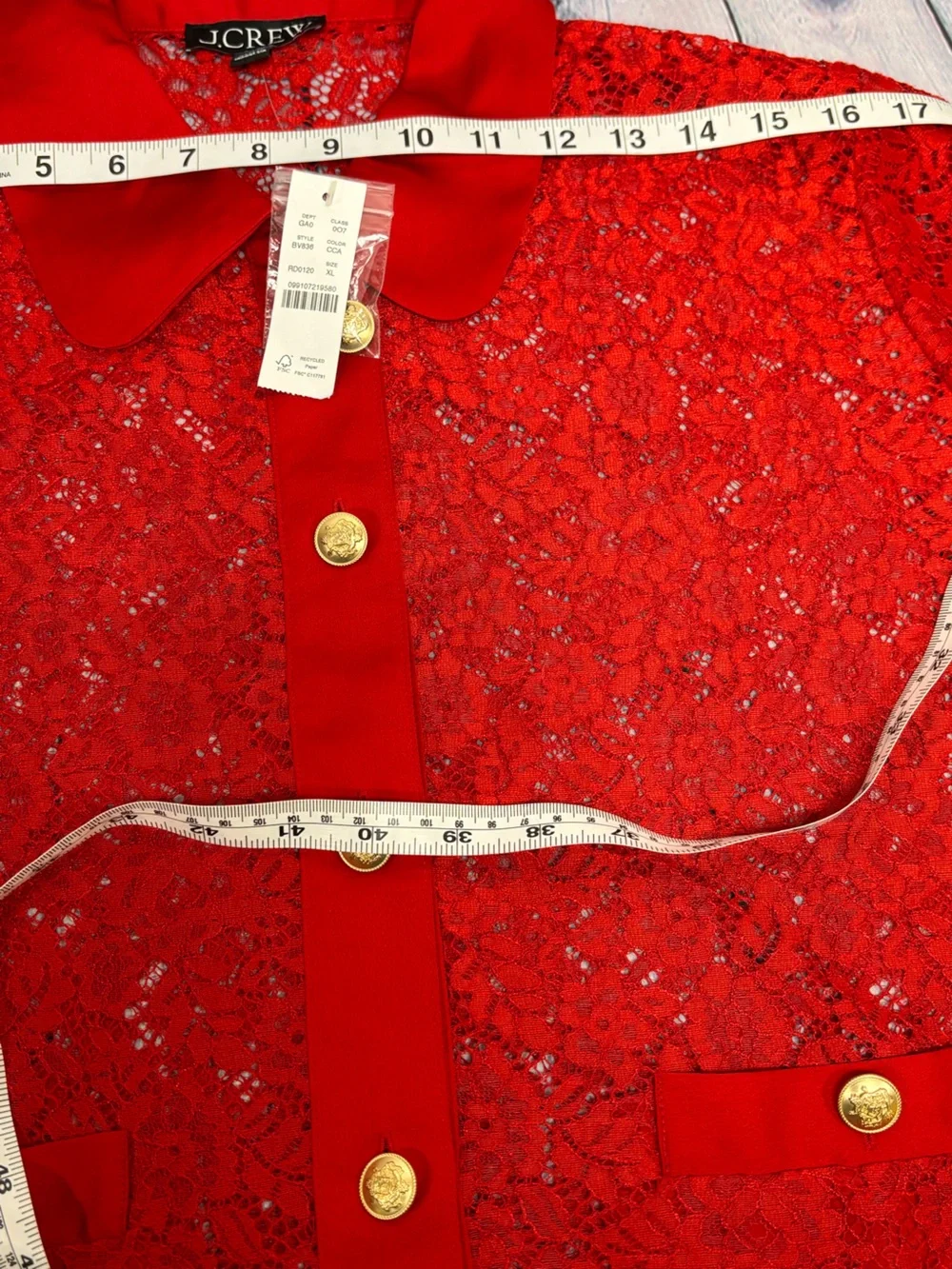 NWT J.Crew Red Lace Lady Gold Buttons Shirt-Jacket